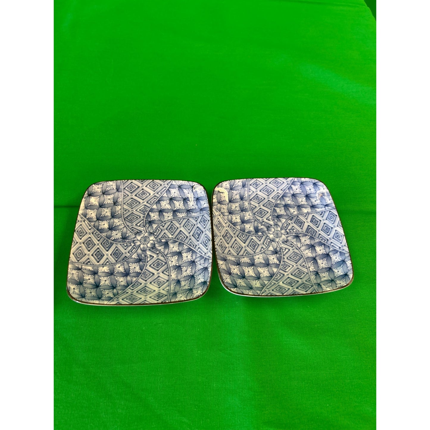 Set Of 2 Blue & White Square Ceramic Plates With Geometric & Floral Pattern